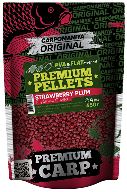 Пеллетс Premium 4мм STRAWBERRY+PLUM (Карпомания), аромат клубника+слива, 650г