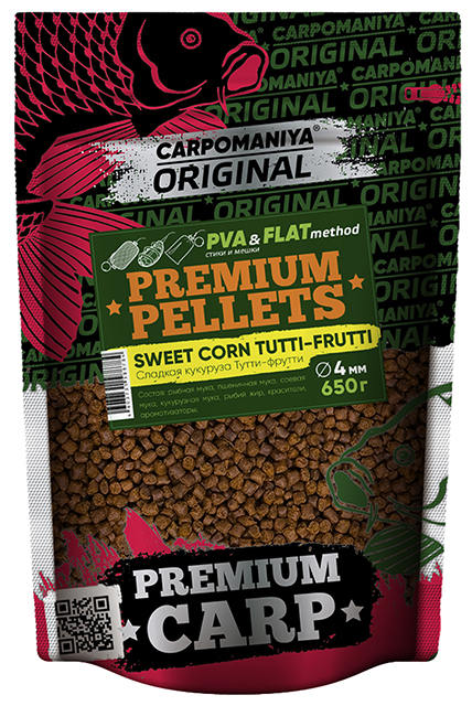 Пеллетс Premium 4мм SWEET CORN+TUTTI-FRUTTI (Карпомания), аромат кукуруза+тутти-фрутти, 650г